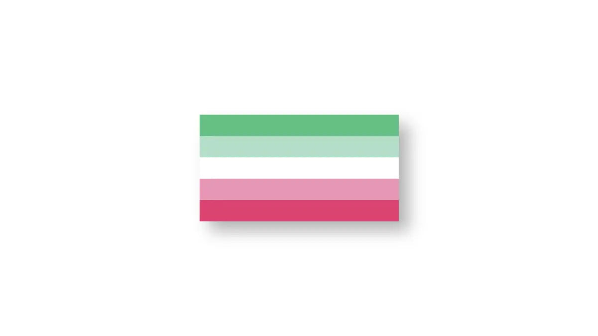 The abrosexual pride flag features five horizontal stripes in shades of green, pale green, light pink, medium pink, and deep pink. 