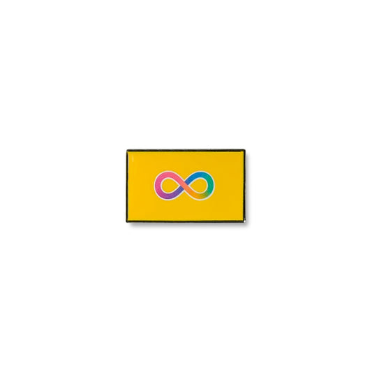 Autistic pride lapel pin featuring a bright yellow rectangular background with a central rainbow infinity symbol.