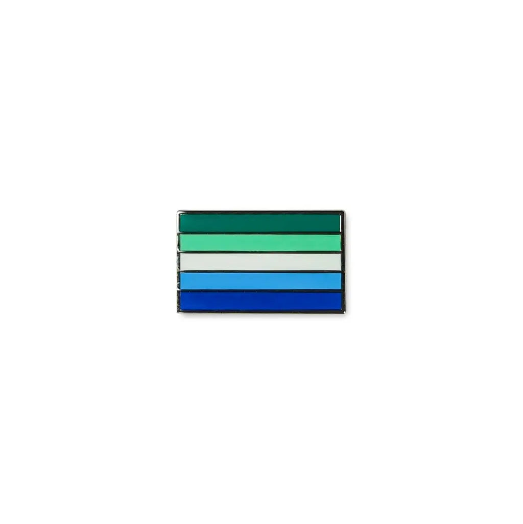 Men love men lapel pin with six horizontal stripes in shades of green, white, and blue, symbolising male-male attraction pride.