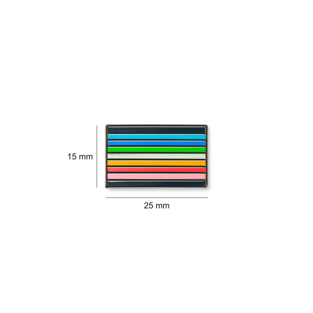 Yieki branded Queer lapel pin with measurements