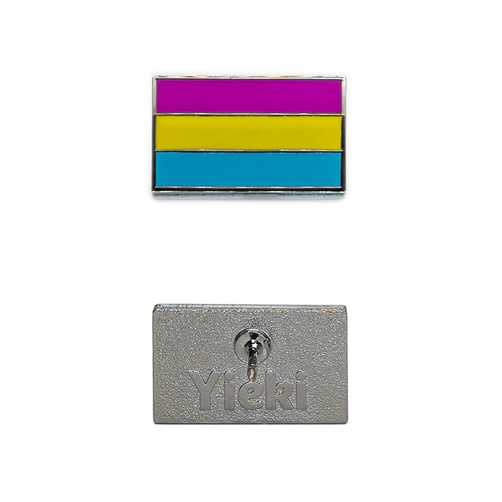A pansexual pin image showing silver plating backing