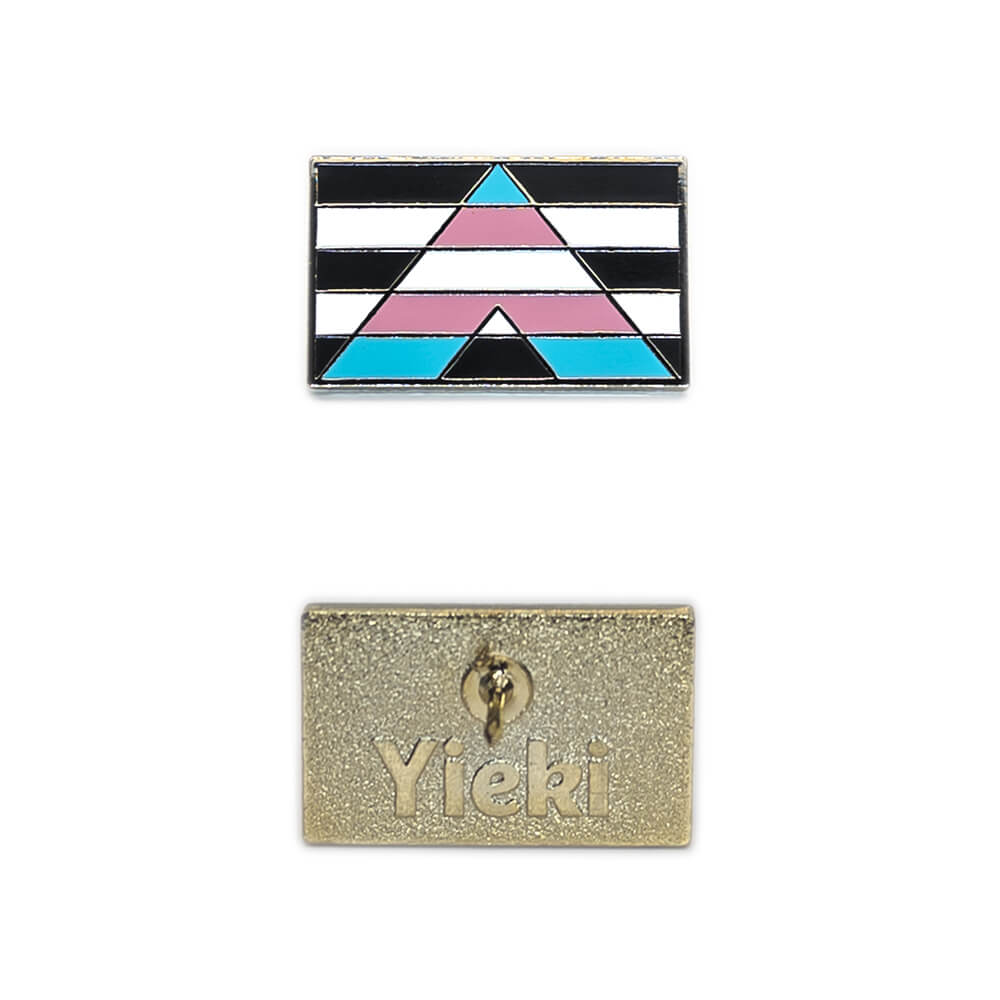 A transgender ally pin image showing gold plating backing