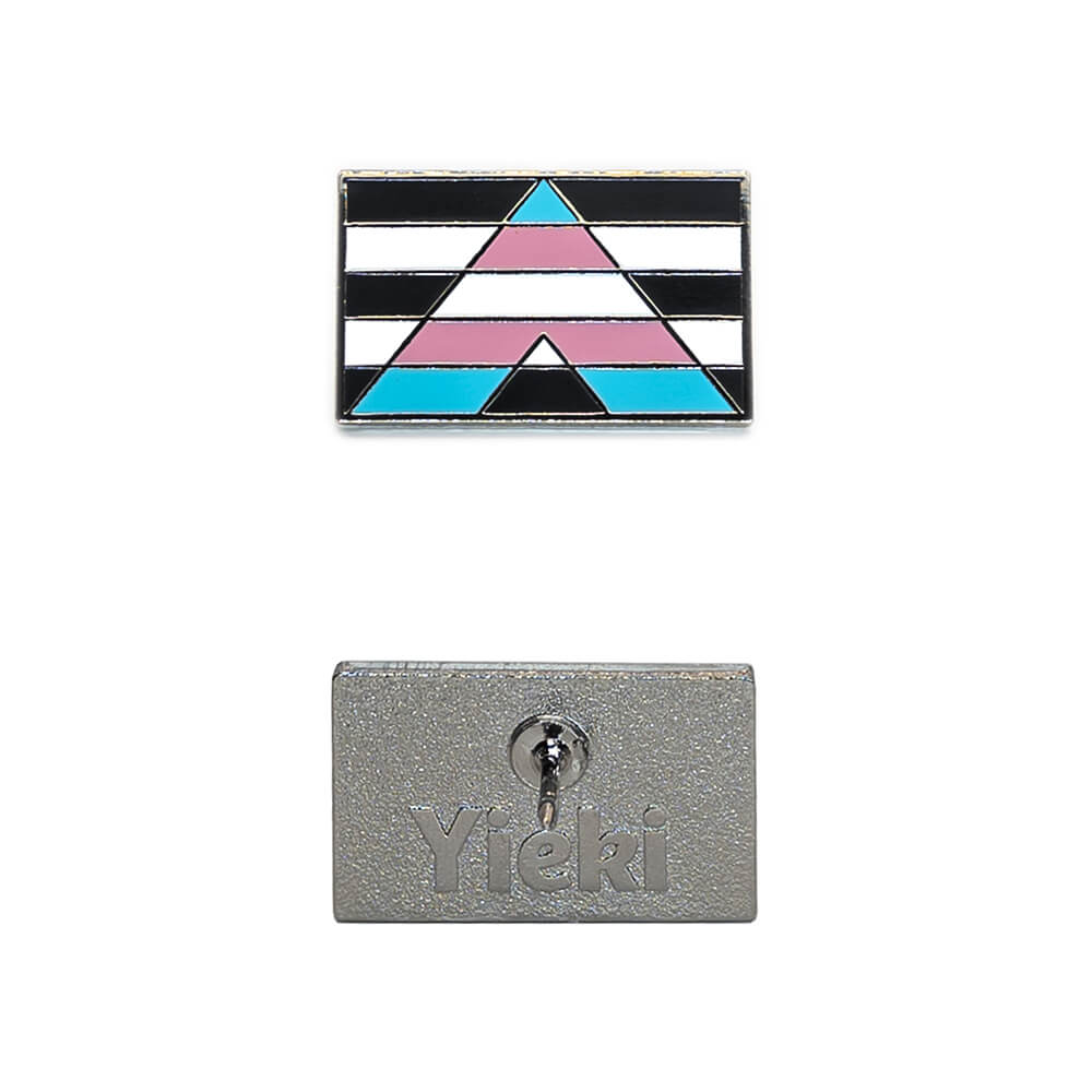 A transgender ally pin image showing silver plating backing