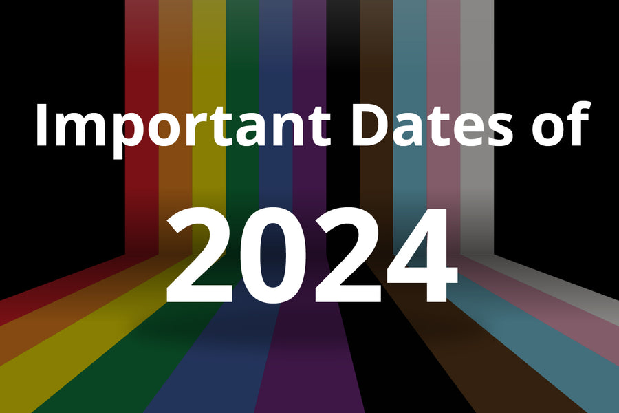 Progressive Pride colours from the top of the image that fans out at the bottom with Important Dates of 2024