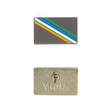 A disability pride pin image showing gold plating backing