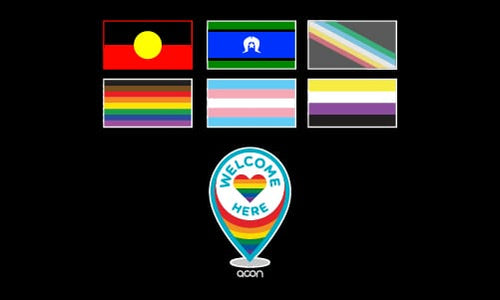 Indigenous Flag Torres Strait Islander Flag Disability Flag Philadelphia Pride Flag Transgender Flag Non-binary Flag Acon Welcome Here Logo